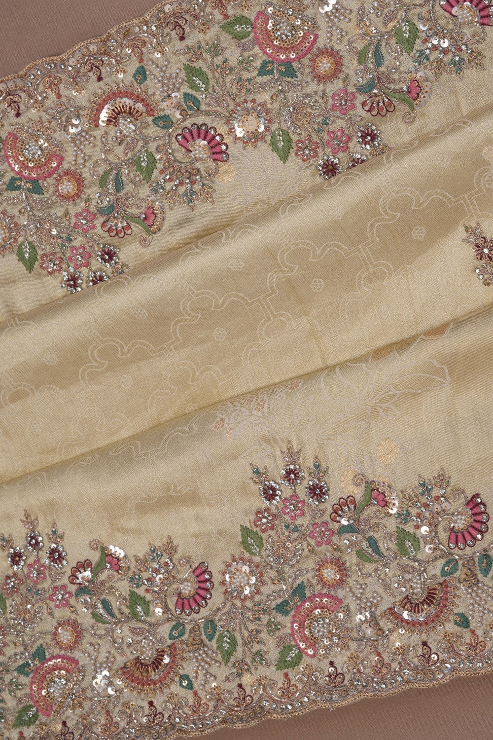 Image of Tissue Silk Off White Embroidery Saree